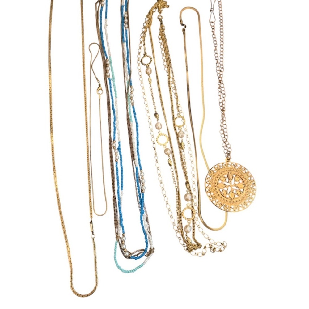 Gold Tone Necklace Lot 6pc Herringbone Snake Chain Beaded Faux Pearl Medallion